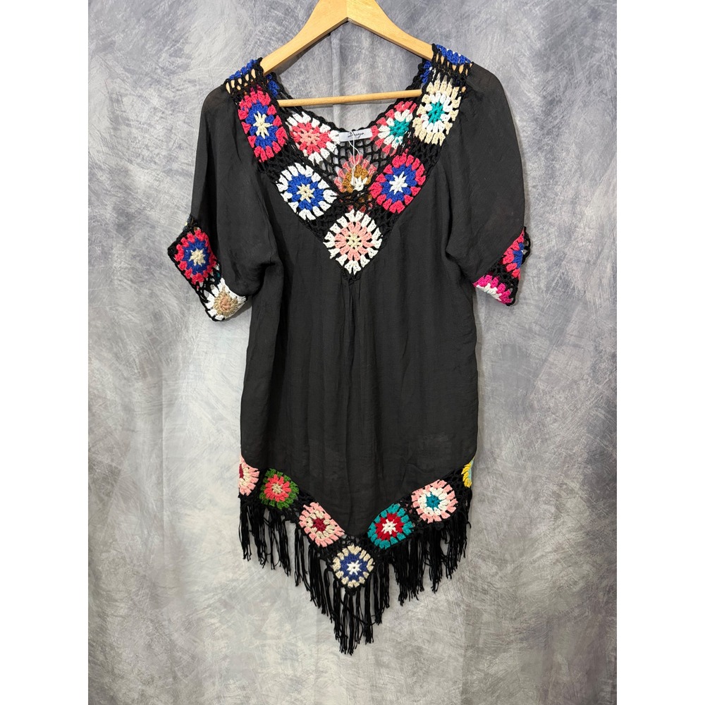 Dasayo Black Crochet Granny Square Fringe Boho Tunic Top One Size Womens